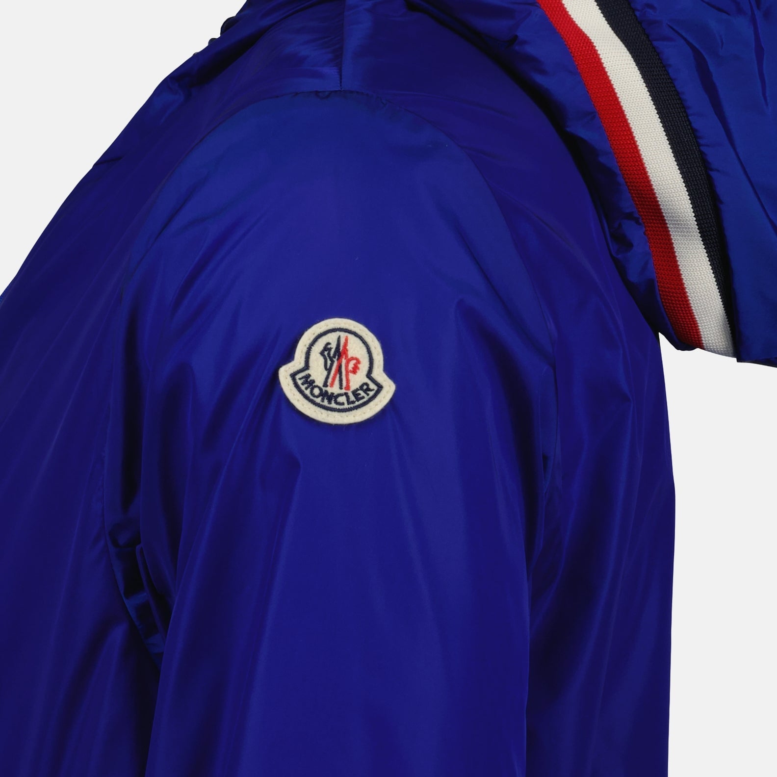 Blue Nylon Jacket, Moncler Logo Patch, Tricolor Hood, Adjustable Jacket, Modern Elegance