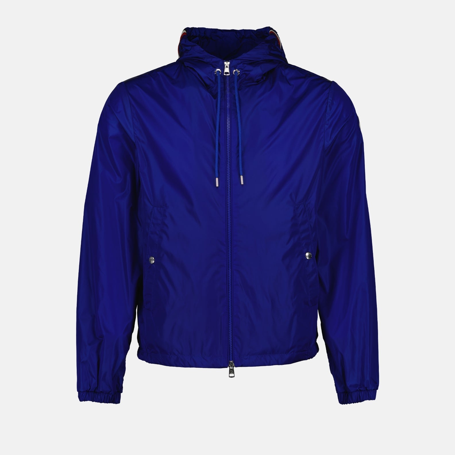 Blue Nylon Jacket, Moncler Logo Patch, Tricolor Hood, Adjustable Jacket, Modern Elegance